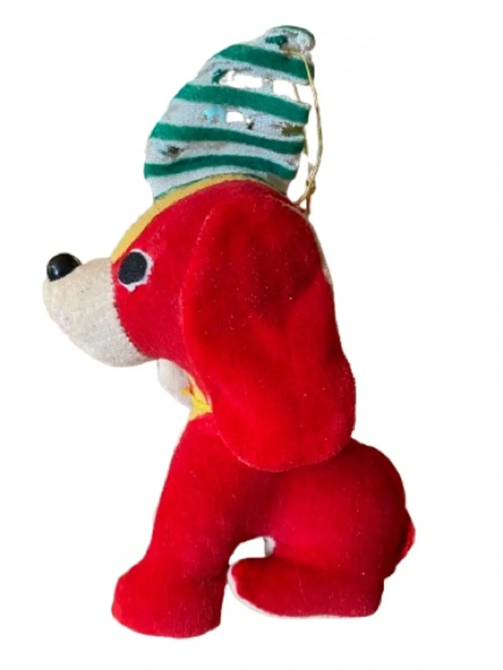 VTG Mid-Century Red Velveteen Dog Ornament Made in Japan Kitschy Retro Christmas